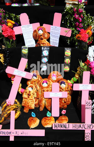 EL ALTO, BOLIVIA, 2nd November 2014. Detail of a typical altar or mesa for Todos Santos festival with names of women who are recent victims of femicide and domestic violence. These altars are built to welcome the souls of loved ones who it is believed return to Earth on November 1st to visit their families. According to a WHO report in January 2013 Bolivia is the country with the highest rate of violence against women in Latin America. Credit:  James Brunker/Alamy Live News