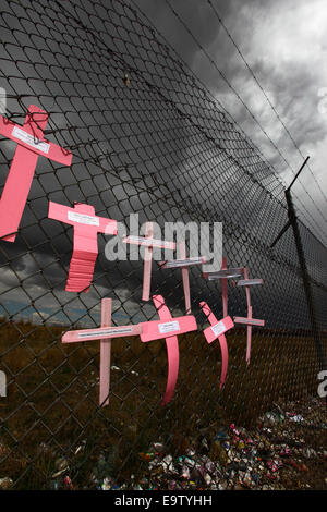 EL ALTO, BOLIVIA, 2nd November 2014. Crosses with the names of women against dark skies on a wire mesh fence, part of a memorial for recent victims of femicide and domestic violence against women. According to a WHO report in January 2013 Bolivia is the country with the highest rate of violence against women in Latin America. Credit:  James Brunker / Alamy Live News