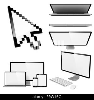 Modern Gadgets Concepts - Set of 3D Computer Monitor, Laptop, Tablet, Smartphones in Different Projections. Stock Photo