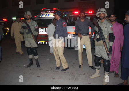 Lahore. 2nd Nov, 2014. Pakistani rangers stand guard outside a hospital after a suicide bomb attack near Wagah border in eastern Pakistan's Lahore on Nov. 2, 2014. Death toll rose to 54 and over 100 others were injured in the Sunday evening's suicide blast that took place near Wagah border crossing in Pakistan's eastern city of Lahore, hospital sources said. Credit:  Xinhua/Alamy Live News Stock Photo