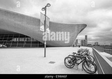 The Aqua Centre, Queen Elizabeth Olympic Park, London in monchrome. Stock Photo