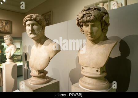 Marble busts of the Roman Emperor Hadrian (Left) & his lover Antinous (Right), British Museum, London,  UK. Stock Photo