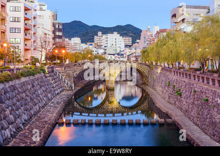 Nagasaki, Japan cityscape at Megane Spectacles Bridge.