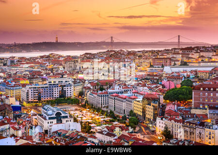 Lisbon, Portugal skyline at night. Stock Photo