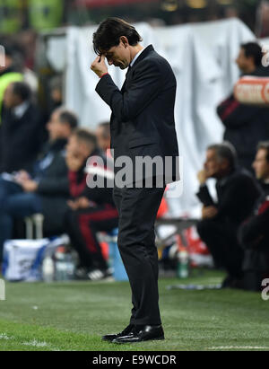 Milan, Italy. 2nd Nov, 2014. Filippo Inzaghi, head coach of AC Milan, reacts during the Serie A football match against Palermo in Milan, Italy, on Nov. 2, 2014. AC Milan lost 0-2. © Alberto Lingria/Xinhua/Alamy Live News Stock Photo