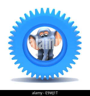 3d render of an elephant looking through a plastic blue cog Stock Photo