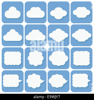 vector icon set, collection of cloud icons, white on blue background with dark blue shadows Stock Photo