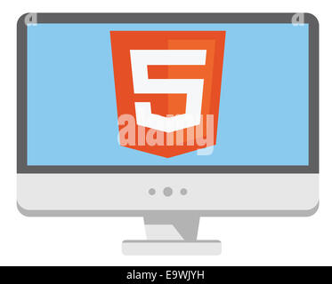 vector icon of personal computer with html5 sign on the screen, isolated simple flat illustration on white background Stock Photo