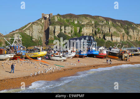Hastings fishing boats on the Old Town Stade beach, East Sussex, England, UK, GB Stock Photo