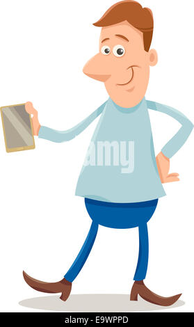 Cartoon illustration of Funny Man with Smart Phone Stock Photo