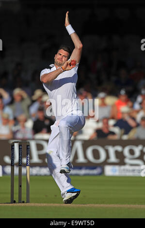 Cricket - James Anderson of England bowls against India during the Investec Second Test match in 2014 Stock Photo