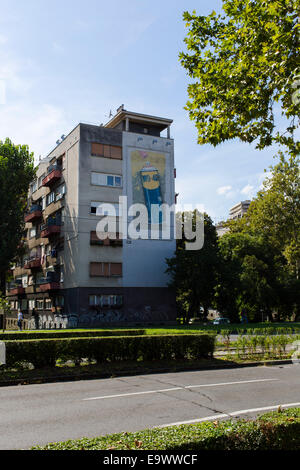 An old WD40 advert painted on the side of residential apartments in Zagreb, Croatia. Stock Photo
