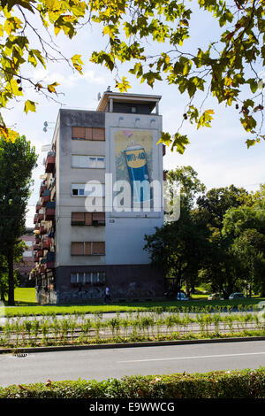 An old WD40 advert painted on the side of residential apartments in Zagreb, Croatia. Stock Photo