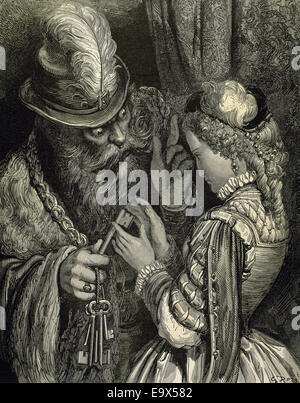 Charles Perrault (1628-1703). French writer. Bluebeard. Bluebeard and his wife.  Engraving by Gustave Dore (1832-1883), 1862. Stock Photo