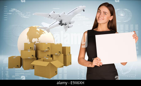 Businesswoman hold paper sheet. Earth with heap brown cardboard boxes and flying airplane are located next Stock Photo