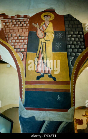 Copy of fresco. Sant Joan de Boi romanesque church. Vall de Boi, Lleida, Catalonia, Spain. Stock Photo