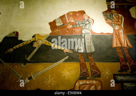 Copy of fresco. Sant Joan de Boi romanesque church. Vall de Boi, Lleida, Catalonia, Spain. Stock Photo