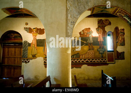 Copy of fresco. Sant Joan de Boi romanesque church. Vall de Boi, Lleida, Catalonia, Spain. Stock Photo