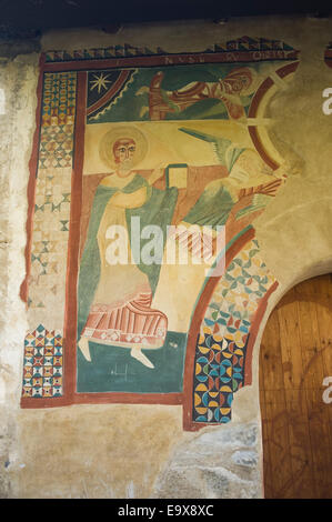 Copy of fresco. Sant Joan de Boi romanesque church. Vall de Boi, Lleida, Catalonia, Spain. Stock Photo