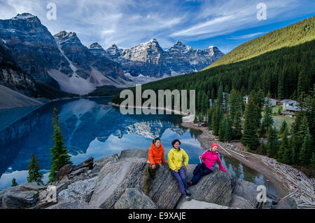 Japanese tourists enjoying Moraine Lake,  Banff National Park, Alberta, Canada Stock Photo