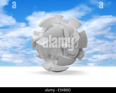 Abstract 3d spherical object, cloud of white fragments on blue sky background Stock Photo