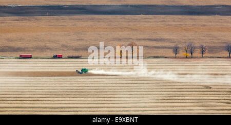 Aerial photo of crop being harvested. Stock Photo