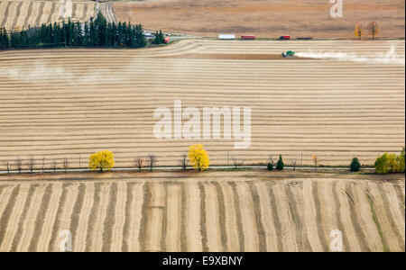 Aerial photo of crop being harvested. Stock Photo