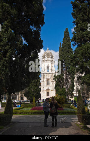 Vertical view of Jeronimos Monastery belfry in Belem, Lisbon. Stock Photo