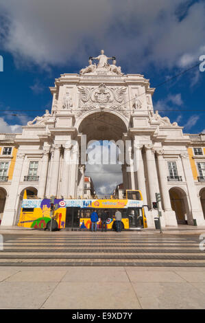 Vertical view of Rua Augusta Arch in Commerce Square in Lisbon. Stock Photo