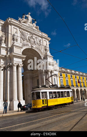 Vertical streetscape of Rua Augusta Arch in Commerce Square in Lisbon. Stock Photo