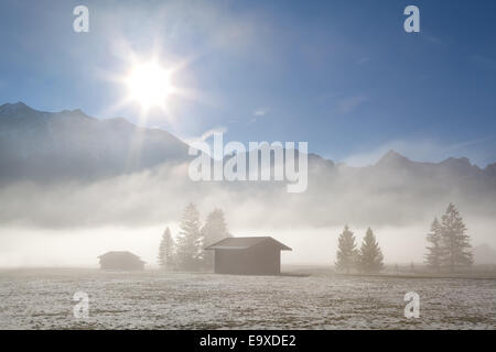 foggy sunny morning over winter alpine meadows, Germany Stock Photo