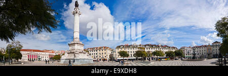 Horizontal panoramic view (3 picture stitch) of Rossio Square in Lisbon. Stock Photo