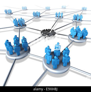 Team network problems as a connected business group of people icons with a broken link and system failure concept representing loss of social media popularity by losing followers or communication crisis on the internet. Stock Photo