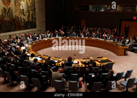 A meeting underway in the Security Council chamber at UN Headquarters in New York. Stock Photo