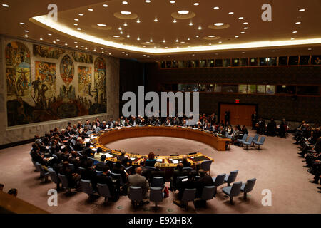 A meeting underway in the Security Council chamber at UN Headquarters in New York. Stock Photo