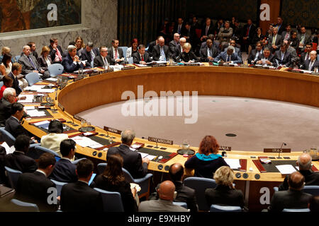 A meeting underway in the Security Council chamber at UN Headquarters in New York. Stock Photo