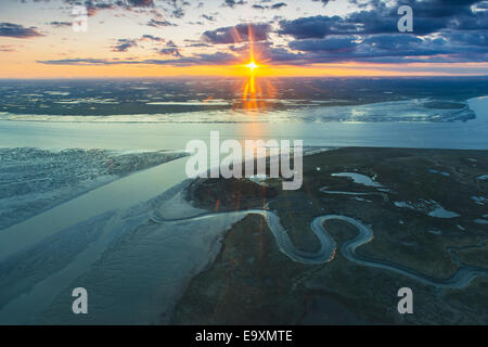 Aerial view of the sunset over the mouth of the Kvichak River, Bristol Bay, Southwestern Alaska