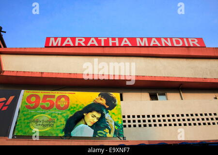 Mumbai, Maharashtra, India. 10th Oct, 2014. View of the poster of the Movie ' DDLJ' at the Maratha Mandir Cinema at Mumbai Central. The Hindi romantic Bollywood film 'Dilwale Dulhania Le Jayenge' has started its 20th year of uninterrupted run at the iconic Maratha Mandir cinema hall. It is the longest running film in the history of cinema. Release Oct 20, 1995, the classic love story still plays to packed houses. © Subhash Sharma/ZUMA Wire/ZUMAPRESS.com/Alamy Live News Stock Photo