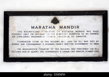 Mumbai, Maharashtra, India. 10th Oct, 2014. A plaque at the Maratha Mandir Cinema. The Hindi romantic Bollywood film 'Dilwale Dulhania Le Jayenge' has started its 20th year of uninterrupted run at the iconic Maratha Mandir cinema hall. It is the longest running film in the history of cinema. Release Oct 20, 1995, the classic love story still plays to packed houses. © Subhash Sharma/ZUMA Wire/ZUMAPRESS.com/Alamy Live News Stock Photo