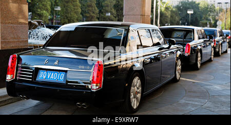 A Chinese luxury car marque Hongqi limoussine Red Flag L5, used by Czech President Milos Zeman and his entourage during visit to Beijing, China on October 26, 2014. (CTK Photo/Rene Fluger) Stock Photo