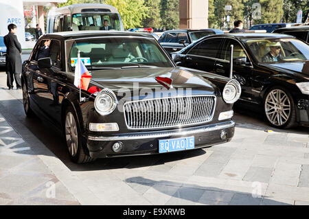 A Chinese luxury car marque Hongqi limoussine Red Flag L5, used by Czech President Milos Zeman and his entourage during visit to Beijing, China on October 26, 2014. (CTK Photo/Rene Fluger) Stock Photo