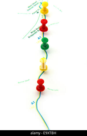 Route planning on map with pushpins. Stock Photo