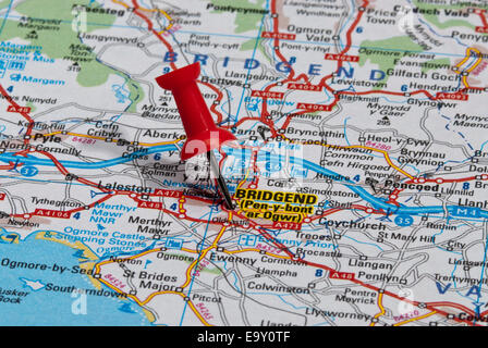 red map pin in road map pointing to city of Bridgend Stock Photo