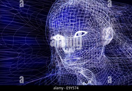 License available at MaximImages.com - Woman digital virtual reality human face conceptual 3D illustration with AI binary code on blue background Stock Photo