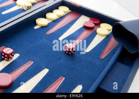 board games - red white and blue backgammon set in play Stock Photo