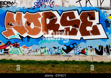 Berlin Wall Norse Graffiti Urban 2014 colour grass Stock Photo