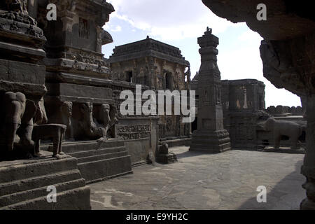 Cave No 16 : Dhvaja stamba , Victory pillar at the North east of Kailasa, Ellora Caves, Aurangabad, Maharashtra, India. Stock Photo