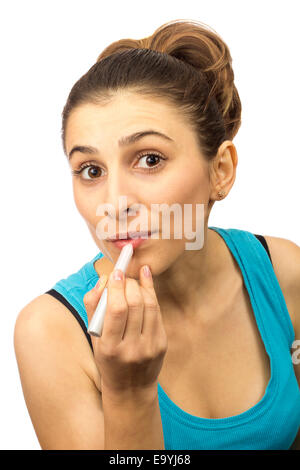 closeup portrait picture of beautiful woman with lipstick over white background Stock Photo