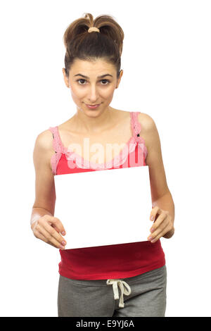 Young woman holding empty white board over white background Stock Photo