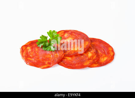 Spanish sausage seasoned with smoked pimenton - thin slices Stock Photo